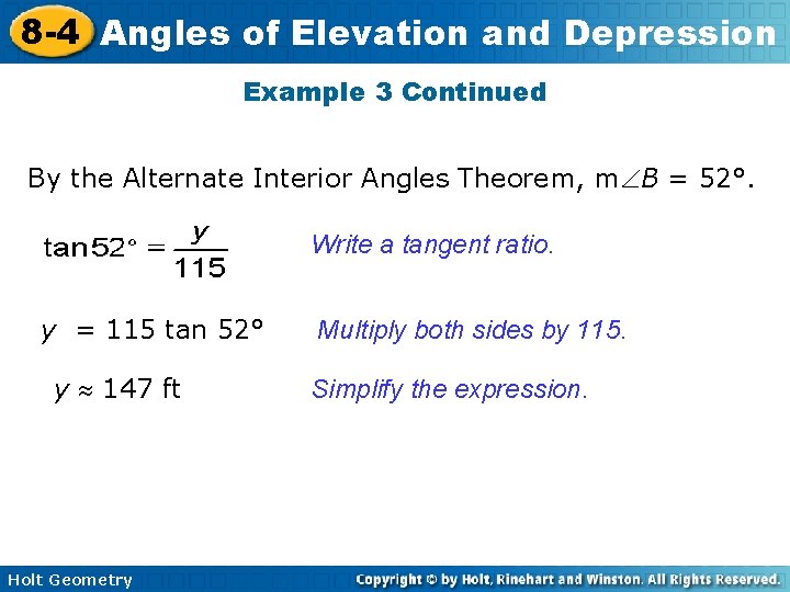 8 -4 Angles of Elevation and Depression Example 3 Continued By the Alternate Interior 8 -4 Angles of Elevation and Depression Example 3 Continued By the Alternate Interior