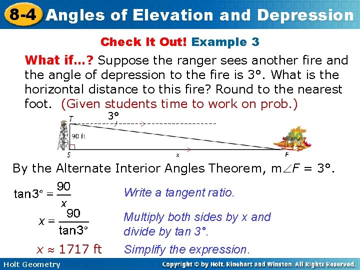8 -4 Angles of Elevation and Depression Check It Out! Example 3 What if…? 8 -4 Angles of Elevation and Depression Check It Out! Example 3 What if…?