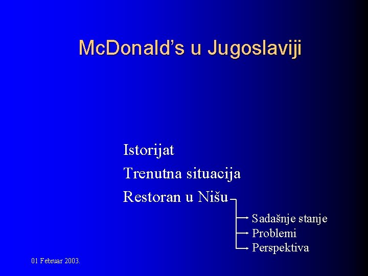 Mc. Donald’s u Jugoslaviji Istorijat Trenutna situacija Restoran u Nišu Sadašnje stanje Problemi Perspektiva