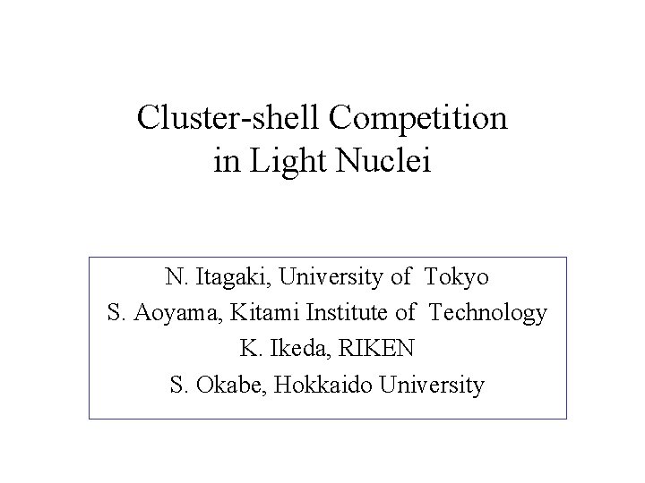 Cluster-shell Competition in Light Nuclei N. Itagaki, University of Tokyo S. Aoyama, Kitami Institute