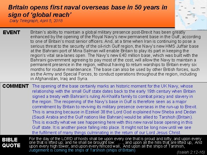 Britain opens first naval overseas base in 50 years in sign of ‘global reach’ Britain opens first naval overseas base in 50 years in sign of ‘global reach’