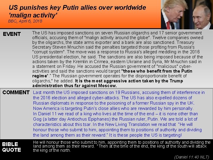 US punishes key Putin allies over worldwide 'malign activity' BBC, April 6, 2018 EVENT US punishes key Putin allies over worldwide 'malign activity' BBC, April 6, 2018 EVENT