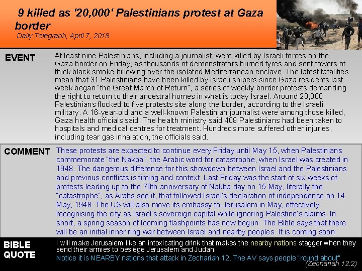 9 killed as '20, 000' Palestinians protest at Gaza border Daily Telegraph, April 7, 9 killed as '20, 000' Palestinians protest at Gaza border Daily Telegraph, April 7,