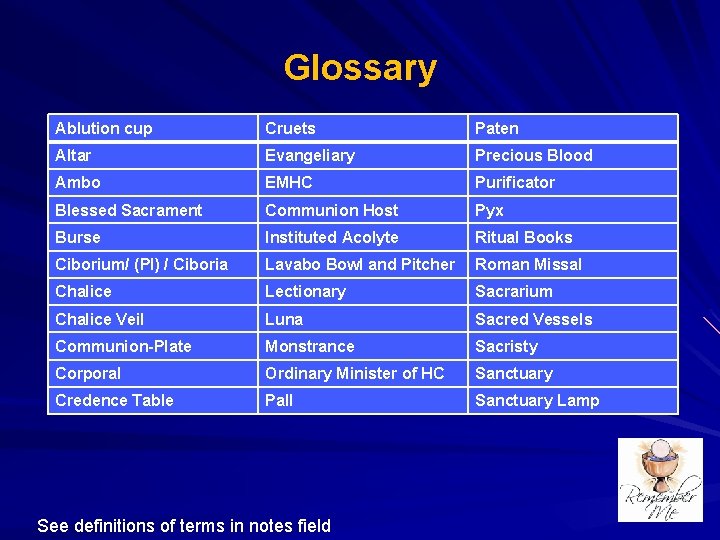 Glossary Ablution cup Cruets Paten Altar Evangeliary Precious Blood Ambo EMHC Purificator Blessed Sacrament