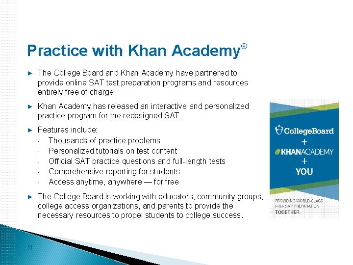 Practice with Khan Academy ® ► The College Board and Khan Academy have partnered