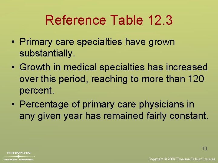 Reference Table 12. 3 • Primary care specialties have grown substantially. • Growth in