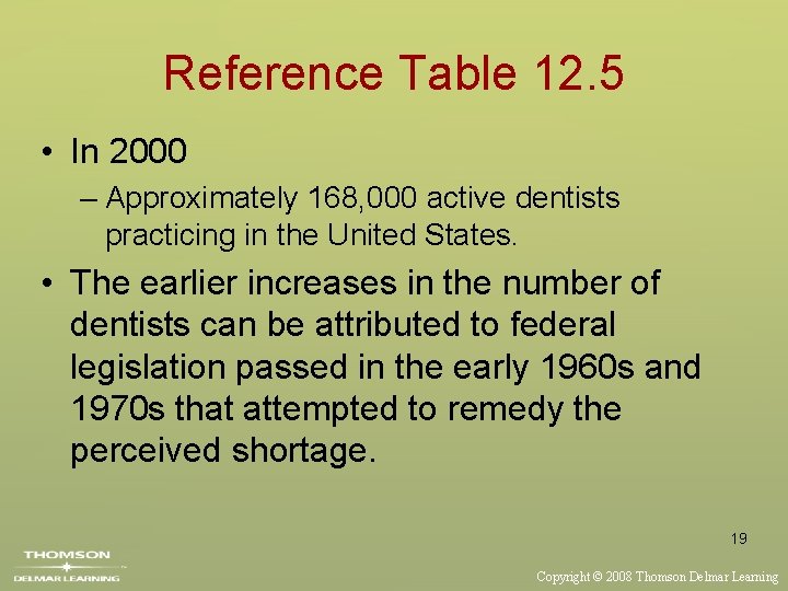 Reference Table 12. 5 • In 2000 – Approximately 168, 000 active dentists practicing