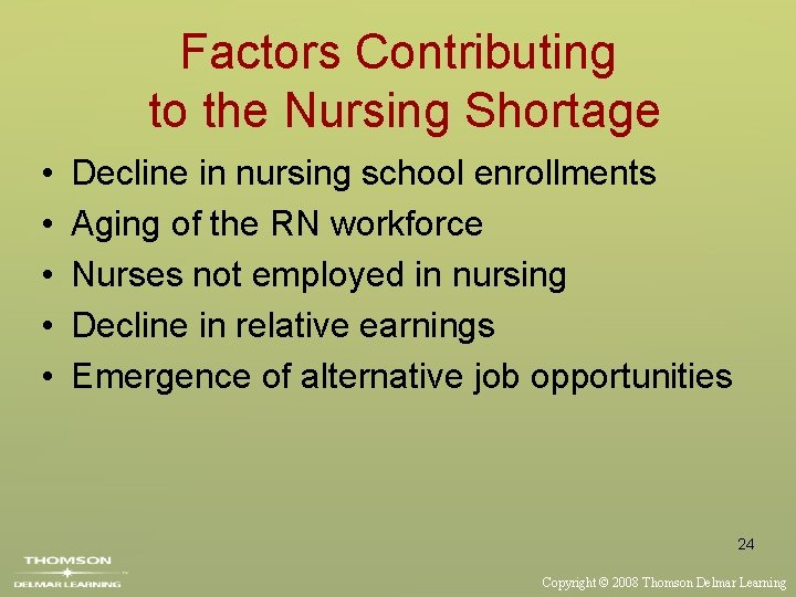 Factors Contributing to the Nursing Shortage • • • Decline in nursing school enrollments