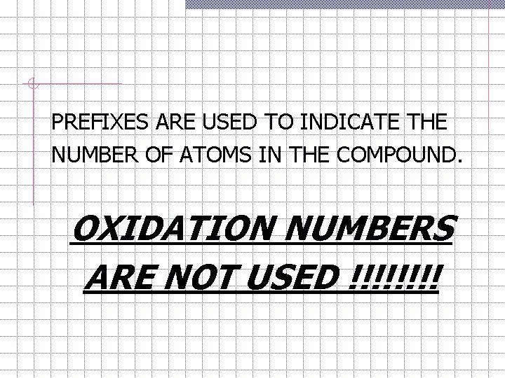 PREFIXES ARE USED TO INDICATE THE NUMBER OF ATOMS IN THE COMPOUND. OXIDATION NUMBERS