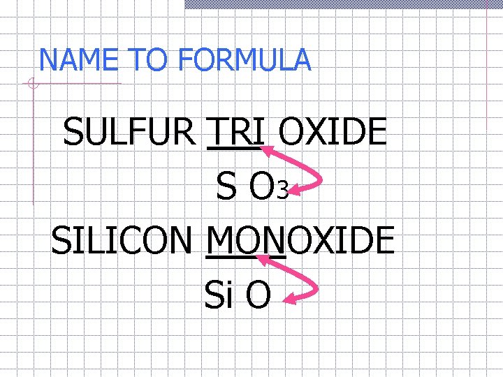 NAME TO FORMULA SULFUR TRI OXIDE S O 3 SILICON MONOXIDE Si O 