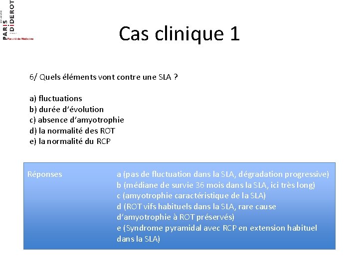 Cas clinique 1 6/ Quels éléments vont contre une SLA ? a) fluctuations b)