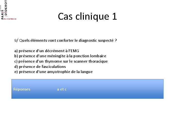 Cas clinique 1 9/ Quels éléments vont conforter le diagnostic suspecté ? a) présence