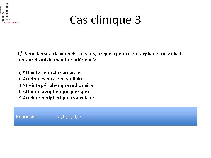 Cas clinique 3 1/ Parmi les sites lésionnels suivants, lesquels pourraient expliquer un déficit