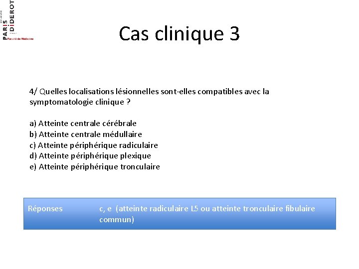 Cas clinique 3 4/ Quelles localisations lésionnelles sont-elles compatibles avec la symptomatologie clinique ?