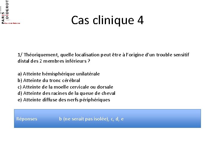 Cas clinique 4 1/ Théoriquement, quelle localisation peut être à l’origine d’un trouble sensitif