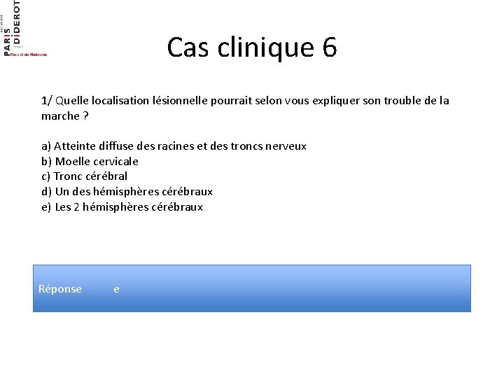 Cas clinique 6 1/ Quelle localisation lésionnelle pourrait selon vous expliquer son trouble de