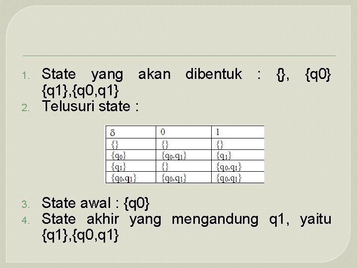 1. 2. 3. 4. State yang akan {q 1}, {q 0, q 1} Telusuri