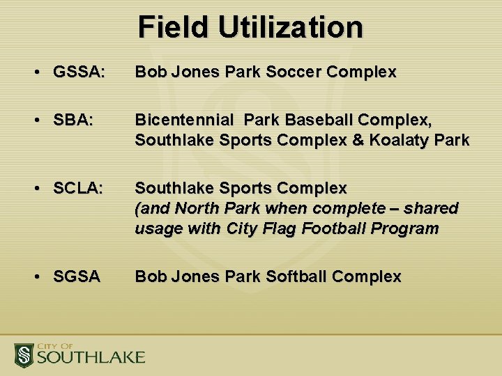 Field Utilization • GSSA: Bob Jones Park Soccer Complex • SBA: Bicentennial Park Baseball Field Utilization • GSSA: Bob Jones Park Soccer Complex • SBA: Bicentennial Park Baseball