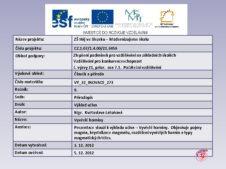 Název projektu: ZŠ Háj ve Slezsku – Modernizujeme školu Číslo projektu: CZ. 1. 07/1.