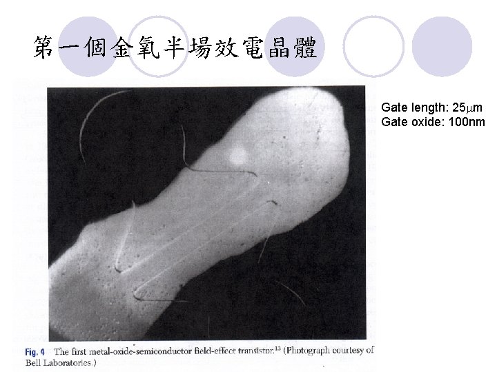 第一個金氧半場效電晶體 Gate length: 25 m Gate oxide: 100 nm 