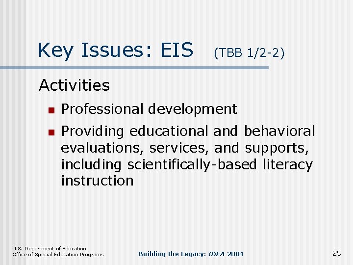 Key Issues: EIS (TBB 1/2 -2) Activities n n Professional development Providing educational and