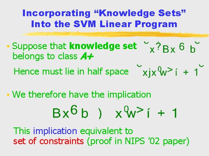 Incorporating “Knowledge Sets” Into the SVM Linear Program • Suppose that knowledge set belongs