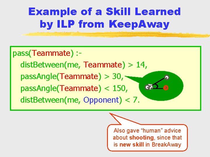 Example of a Skill Learned by ILP from Keep. Away pass(Teammate) : dist. Between(me,