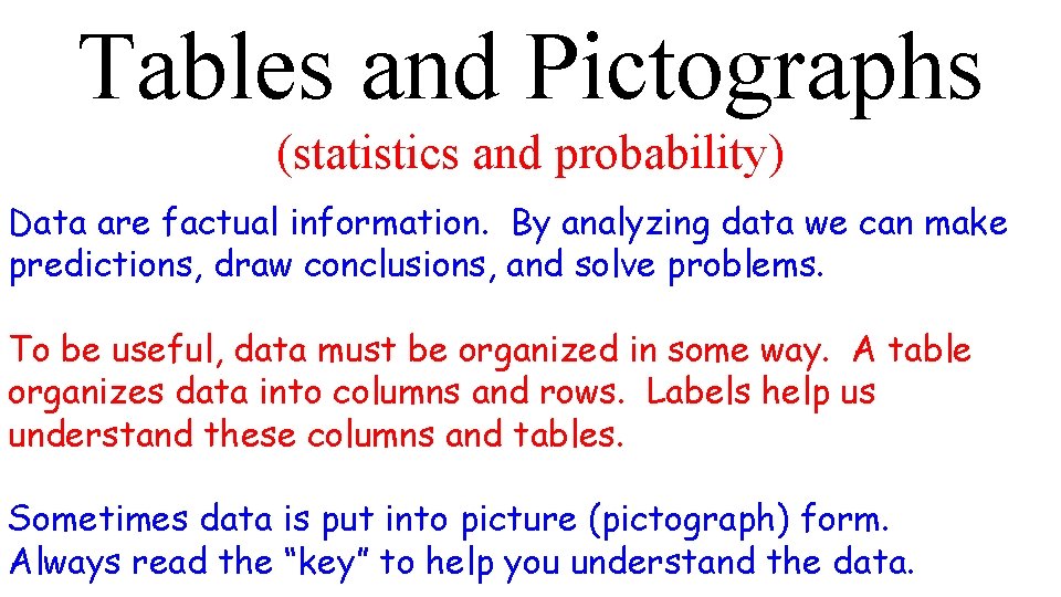 Tables and Pictographs (statistics and probability) Data are factual information. By analyzing data we