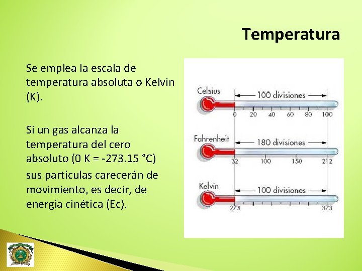 Temperatura Se emplea la escala de temperatura absoluta o Kelvin (K). Si un gas