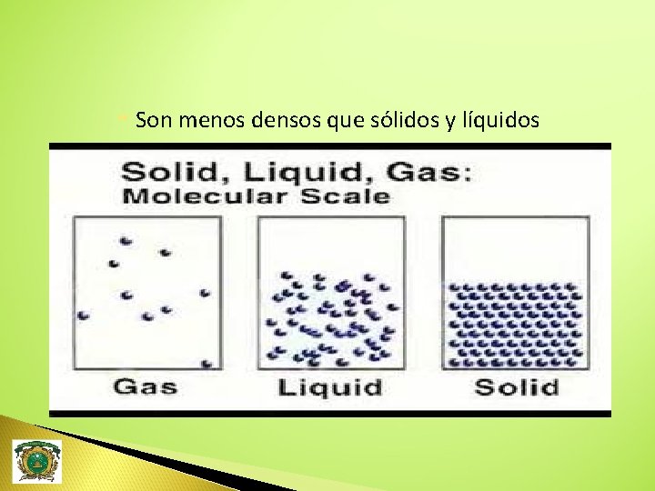  Son menos densos que sólidos y líquidos 