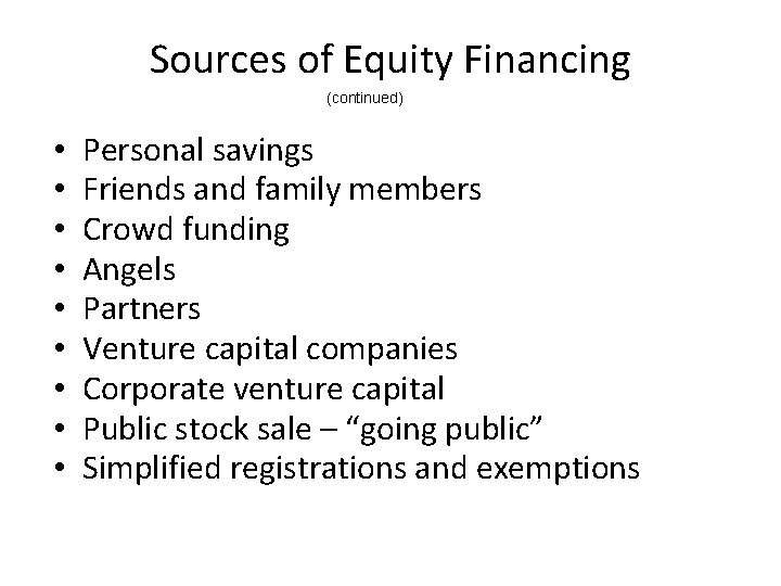 Sources of Equity Financing (continued) • • • Personal savings Friends and family members