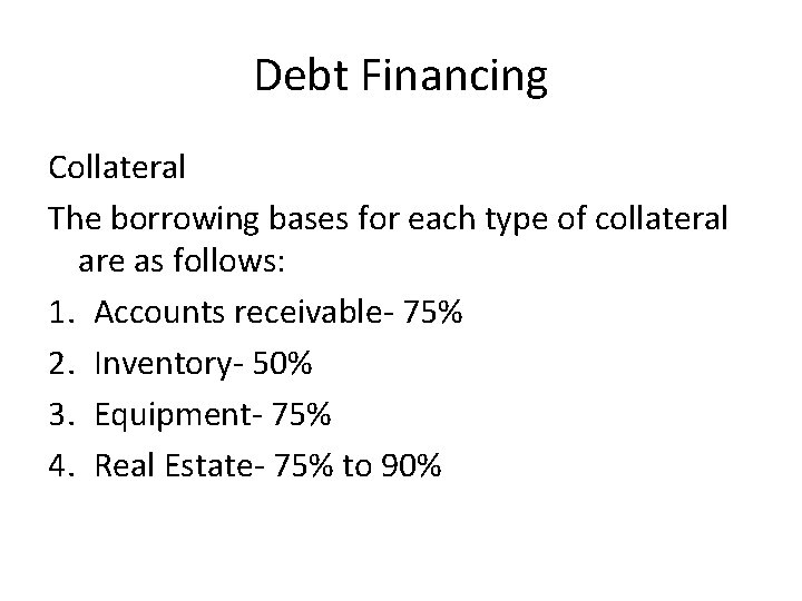 Debt Financing Collateral The borrowing bases for each type of collateral are as follows: