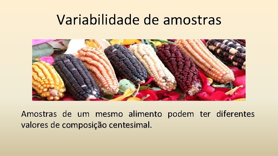 Variabilidade de amostras Amostras de um mesmo alimento podem ter diferentes valores de composição