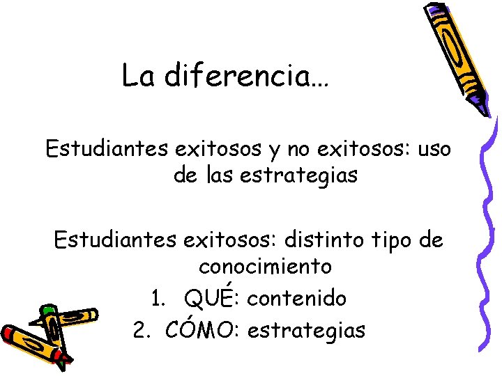 La diferencia… Estudiantes exitosos y no exitosos: uso de las estrategias Estudiantes exitosos: distinto La diferencia… Estudiantes exitosos y no exitosos: uso de las estrategias Estudiantes exitosos: distinto