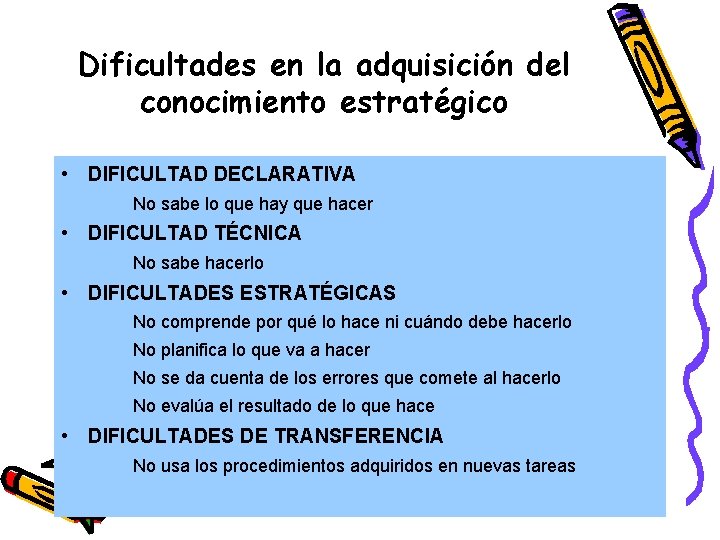 Dificultades en la adquisición del conocimiento estratégico • DIFICULTAD DECLARATIVA No sabe lo que Dificultades en la adquisición del conocimiento estratégico • DIFICULTAD DECLARATIVA No sabe lo que