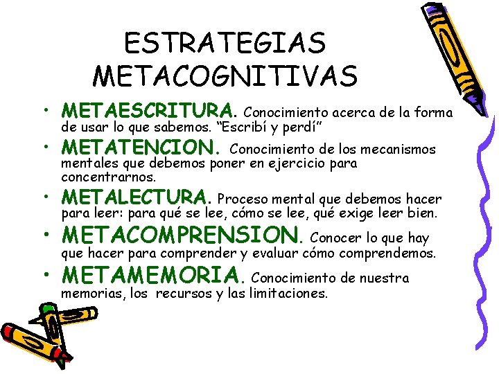 ESTRATEGIAS METACOGNITIVAS • METAESCRITURA. Conocimiento acerca de la forma de usar lo que sabemos. ESTRATEGIAS METACOGNITIVAS • METAESCRITURA. Conocimiento acerca de la forma de usar lo que sabemos.