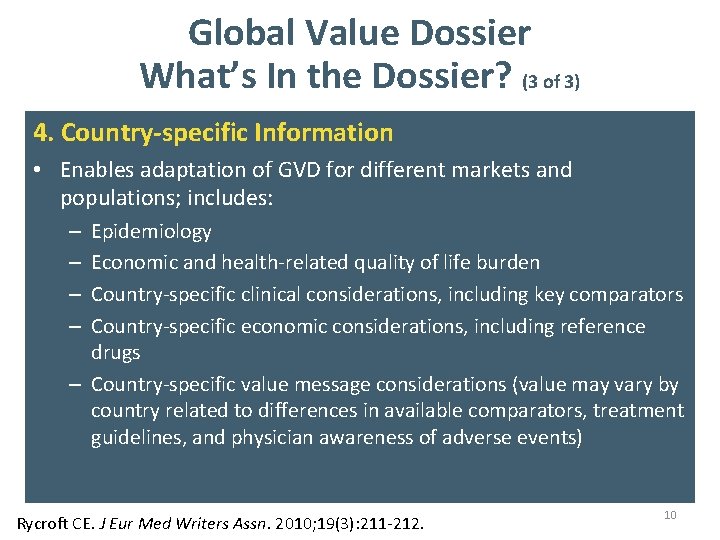 Global Value Dossier What’s In the Dossier? (3 of 3) 4. Country-specific Information •