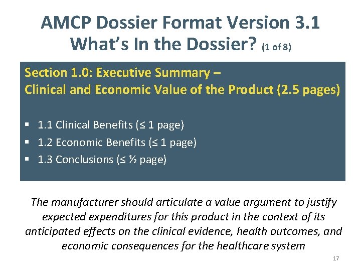 AMCP Dossier Format Version 3. 1 What’s In the Dossier? (1 of 8) Section