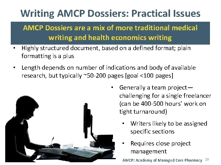 Writing AMCP Dossiers: Practical Issues AMCP Dossiers are a mix of more traditional medical
