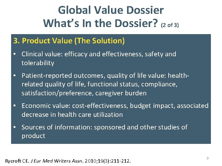 Global Value Dossier What’s In the Dossier? (2 of 3) 3. Product Value (The