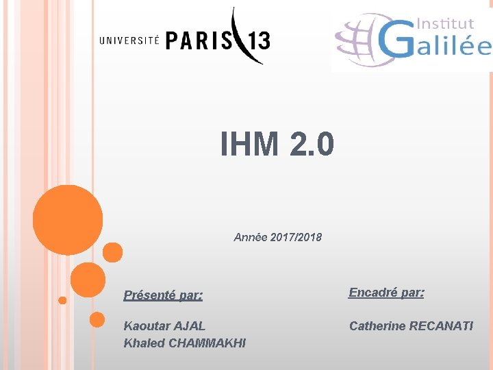 IHM 2. 0 Année 2017/2018 Présenté par: Encadré par: Kaoutar AJAL Khaled CHAMMAKHI Catherine