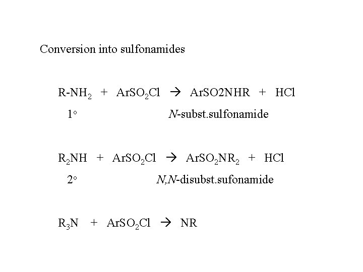 Conversion into sulfonamides R-NH 2 + Ar. SO 2 Cl Ar. SO 2 NHR