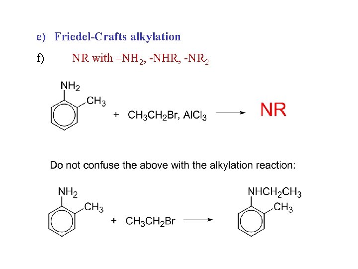 e) Friedel-Crafts alkylation f) NR with –NH 2, -NHR, -NR 2 