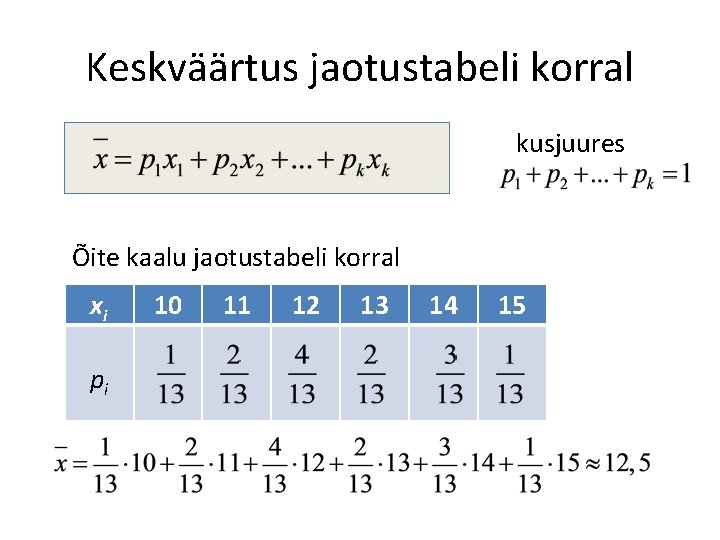 Keskväärtus jaotustabeli korral kusjuures Õite kaalu jaotustabeli korral xi pi 10 11 12 13 Keskväärtus jaotustabeli korral kusjuures Õite kaalu jaotustabeli korral xi pi 10 11 12 13
