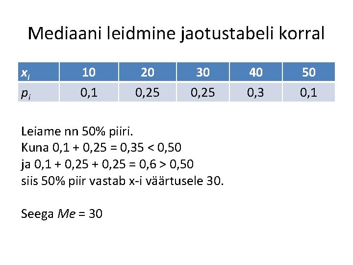 Mediaani leidmine jaotustabeli korral xi pi 10 0, 1 20 0, 25 30 0, Mediaani leidmine jaotustabeli korral xi pi 10 0, 1 20 0, 25 30 0,
