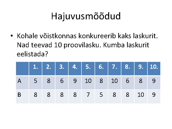 Hajuvusmõõdud • Kohale võistkonnas konkureerib kaks laskurit. Nad teevad 10 proovilasku. Kumba laskurit eelistada? Hajuvusmõõdud • Kohale võistkonnas konkureerib kaks laskurit. Nad teevad 10 proovilasku. Kumba laskurit eelistada?