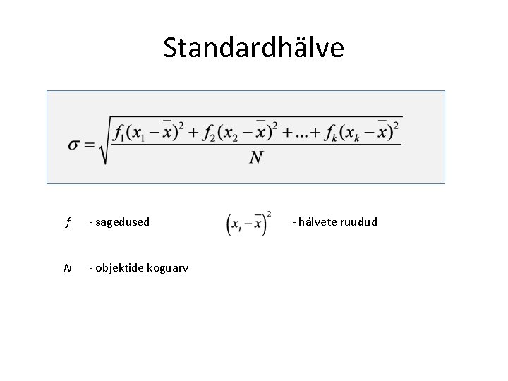 Standardhälve fi - sagedused N - objektide koguarv - hälvete ruudud Standardhälve fi - sagedused N - objektide koguarv - hälvete ruudud