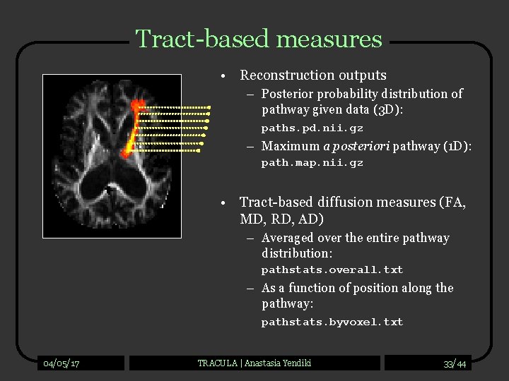 Tract-based measures • Reconstruction outputs – Posterior probability distribution of pathway given data (3