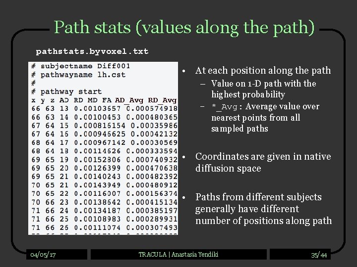 Path stats (values along the path) pathstats. byvoxel. txt • At each position along