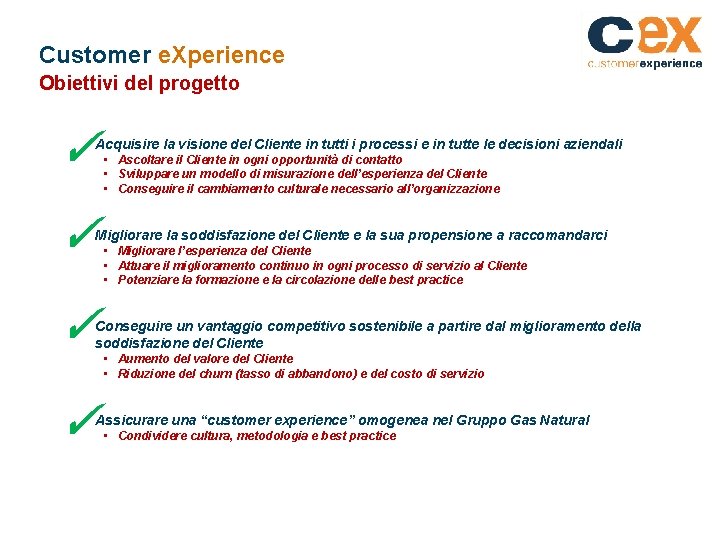 Customer e. Xperience Obiettivi del progetto ✓ Acquisire la visione del Cliente in tutti